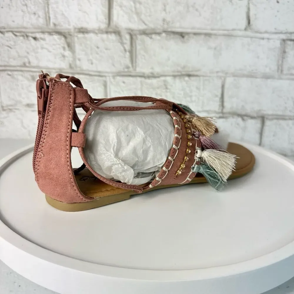 Qupid Archer Sandals Size 6 Boho Faux Leather Tassel Wrap Embroidered Pink